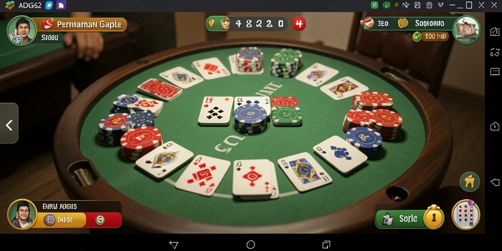 Screenshot gameplay ADG62 menunjukkan suasana permainan Gaple yang seru.