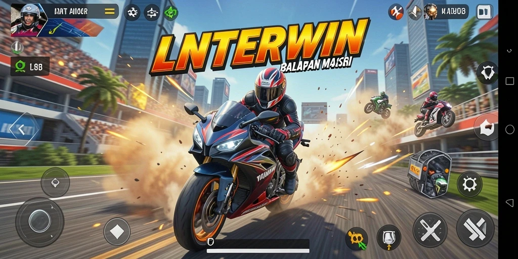 Screenshot LNTERWIN menampilkan momen balapan motor yang intens.
