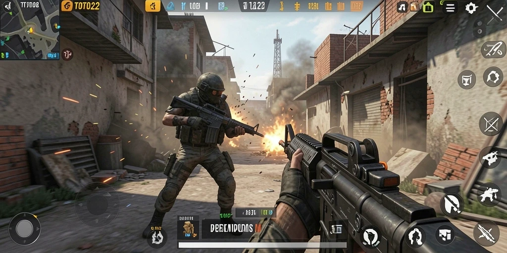 Screenshot TOTO22 menampilkan aksi pertarungan FPS yang mendebarkan.