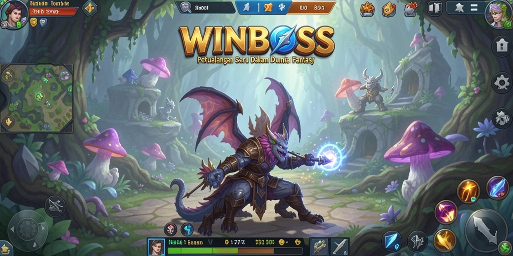 Tampilan gameplay WINBOSS yang menampilkan pertarungan epik dan dunia yang luas.
